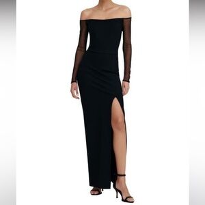 MARCELLA $169 Black Marian Off The Shoulder Mesh Long Sleeve Gown